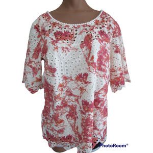 Anthropologie Porridge Arbor Floral Eyelet Top cream pink orange floral birds‎ M